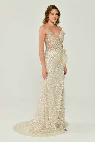 Düşük Tek Omuz Yırtmaçlı Tül Uzun Elbise EKRU - 44