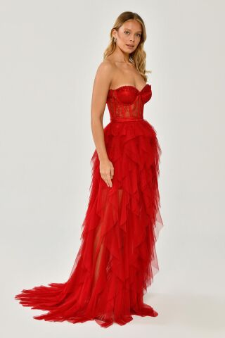Trägerloses, geschlitztes Lagen-Tüllkleid Rot - 40