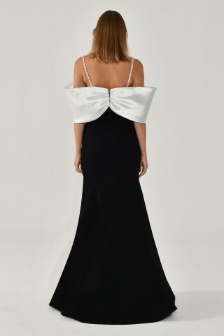 Taşlı İp Askılı Düşük Omuz Krep Uzun Elbise SİYAH / BEYAZ - 42