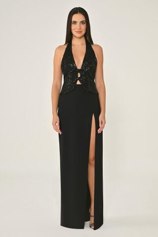 Langes Abendkleid aus Crêpe mit V-Ausschnitt und Paillettenrock