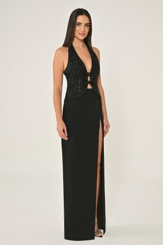 Langes Abendkleid aus Crêpe mit V-Ausschnitt und Paillettenrock