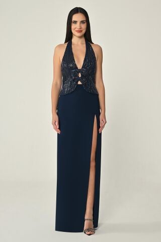 V Yaka Üstü Payet Eteği Krep Uzun Abiye