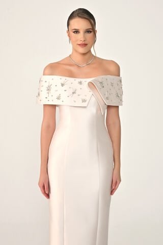 Düşük Omuz Taşlı Ziberlin Kumaş Midi Elbise