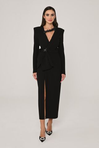 Uzun Kollu Vatkalı V Yaka Önden Yırtmaçlı Midi Elbise Siyah - 40