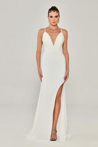 Derin Dekolte Sırt Taşlı İp Yırtmaçlı Uzun Elbise Beyaz - 40