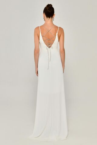 Derin Dekolte Sırt Taşlı İp Yırtmaçlı Uzun Elbise Beyaz - 40