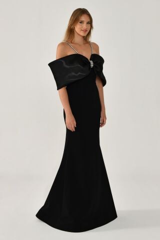 Taşlı İp Askılı Düşük Omuz Krep Uzun Elbise SİYAH / SİYAH - 36