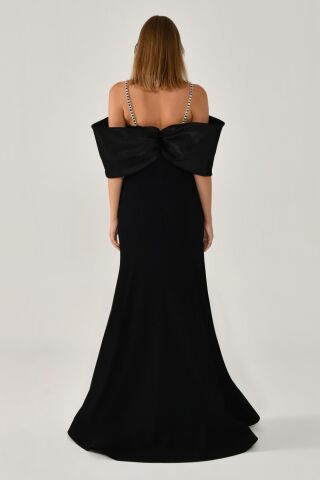 Taşlı İp Askılı Düşük Omuz Krep Uzun Elbise SİYAH / SİYAH - 36