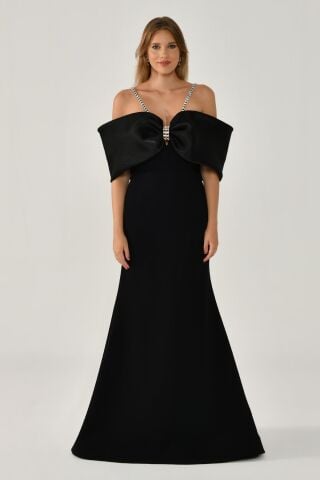 Taşlı İp Askılı Düşük Omuz Krep Uzun Elbise SİYAH / SİYAH - 38