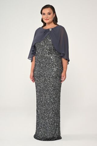 Şifon Şallı Broşlu Payet Uzun Elbise ANTRASİT - 44