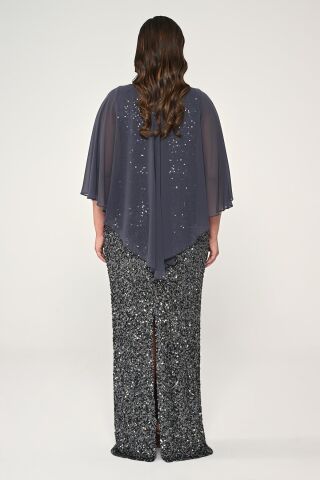 Şifon Şallı Broşlu Payet Uzun Elbise ANTRASİT - 44