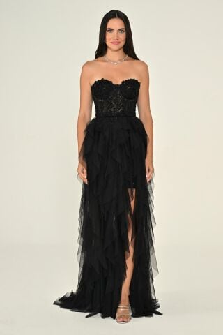 Straplez Korse Bel Katlı Tül Etek Payet Uzun Elbise