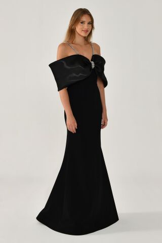 Taşlı İp Askılı Düşük Omuz Krep Uzun Elbise SİYAH / SİYAH - 40