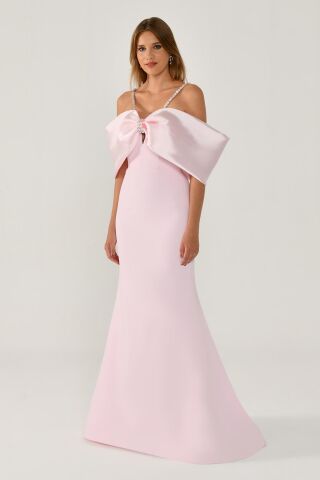 Taşlı İp Askılı Düşük Omuz Krep Uzun Elbise PEMBE / PEMBE - 36