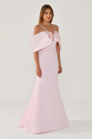 Taşlı İp Askılı Düşük Omuz Krep Uzun Elbise PEMBE / PEMBE - 36