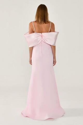 Taşlı İp Askılı Düşük Omuz Krep Uzun Elbise PEMBE / PEMBE - 36