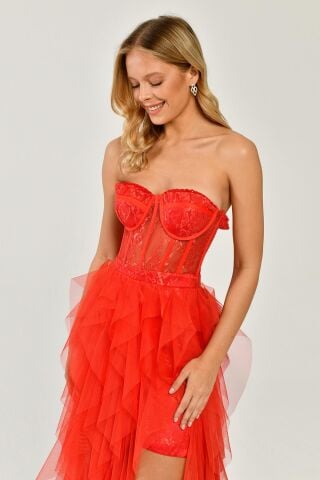 Straplez Yırtmaçlı Katlı Tül Elbise ORANGE - 42