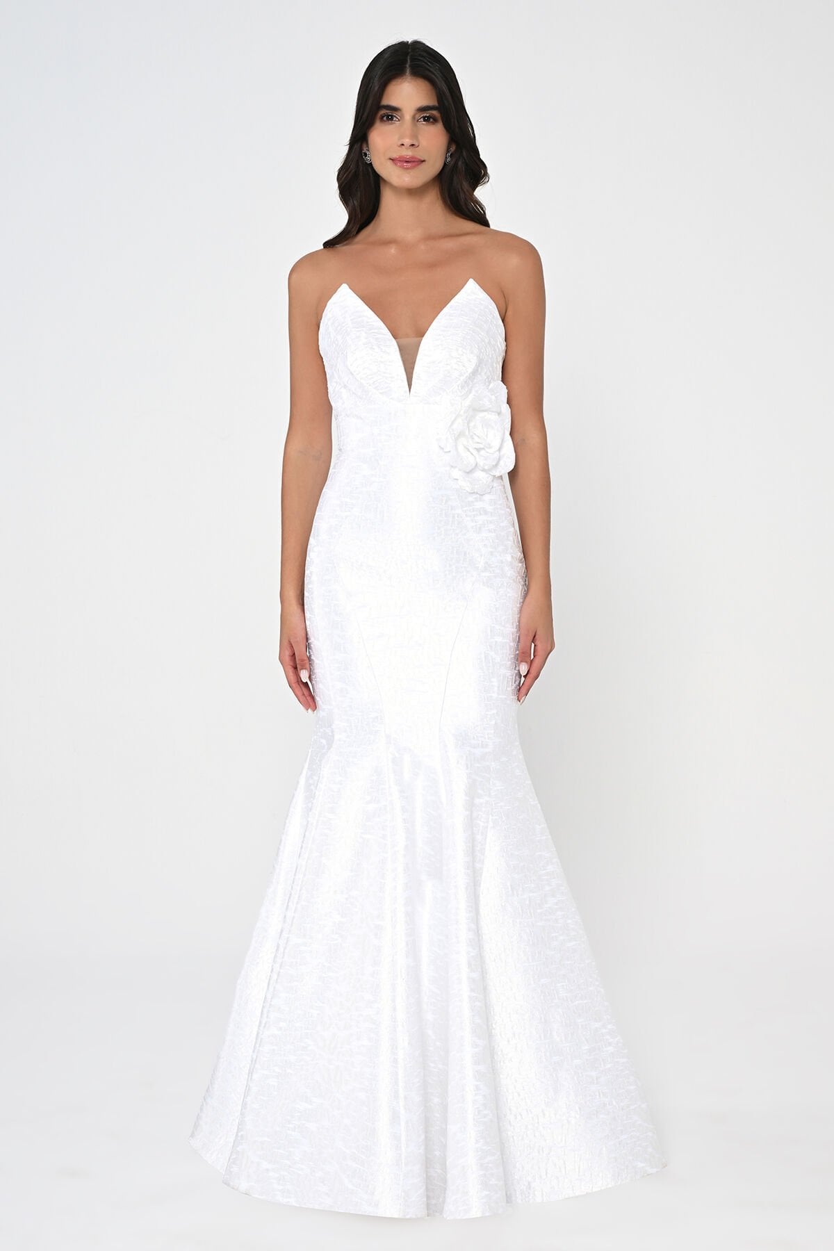 Straplez Balık Kesim Jakar Kumaş Uzun Elbise