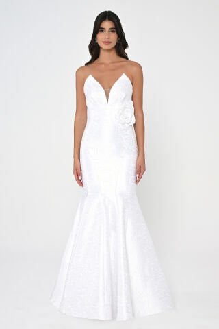 Straplez Balık Kesim Jakar Kumaş Uzun Elbise