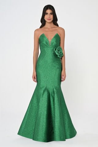 Straplez Balık Kesim Jakar Kumaş Uzun Elbise