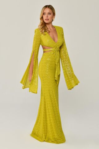 Dökümlü Uzun Kol V Yaka Payetli Uzun Elbise OKSİT YEŞİL - 38