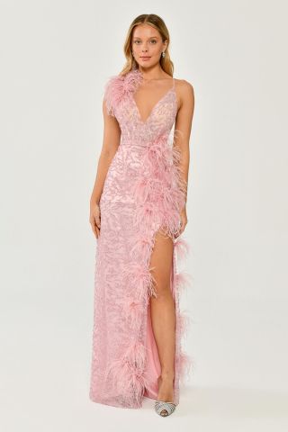 İp Askılı Sırt İp Askılı V Yaka Otriş Akesuarlı Pullu Kumaş Uzun Elbise KOYU PEMBE - 38