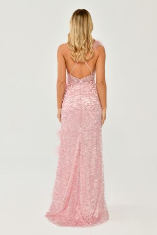 İp Askılı Sırt İp Askılı V Yaka Otriş Akesuarlı Pullu Kumaş Uzun Elbise KOYU PEMBE - 38