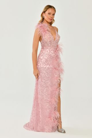 İp Askılı Sırt İp Askılı V Yaka Otriş Akesuarlı Pullu Kumaş Uzun Elbise KOYU PEMBE - 40