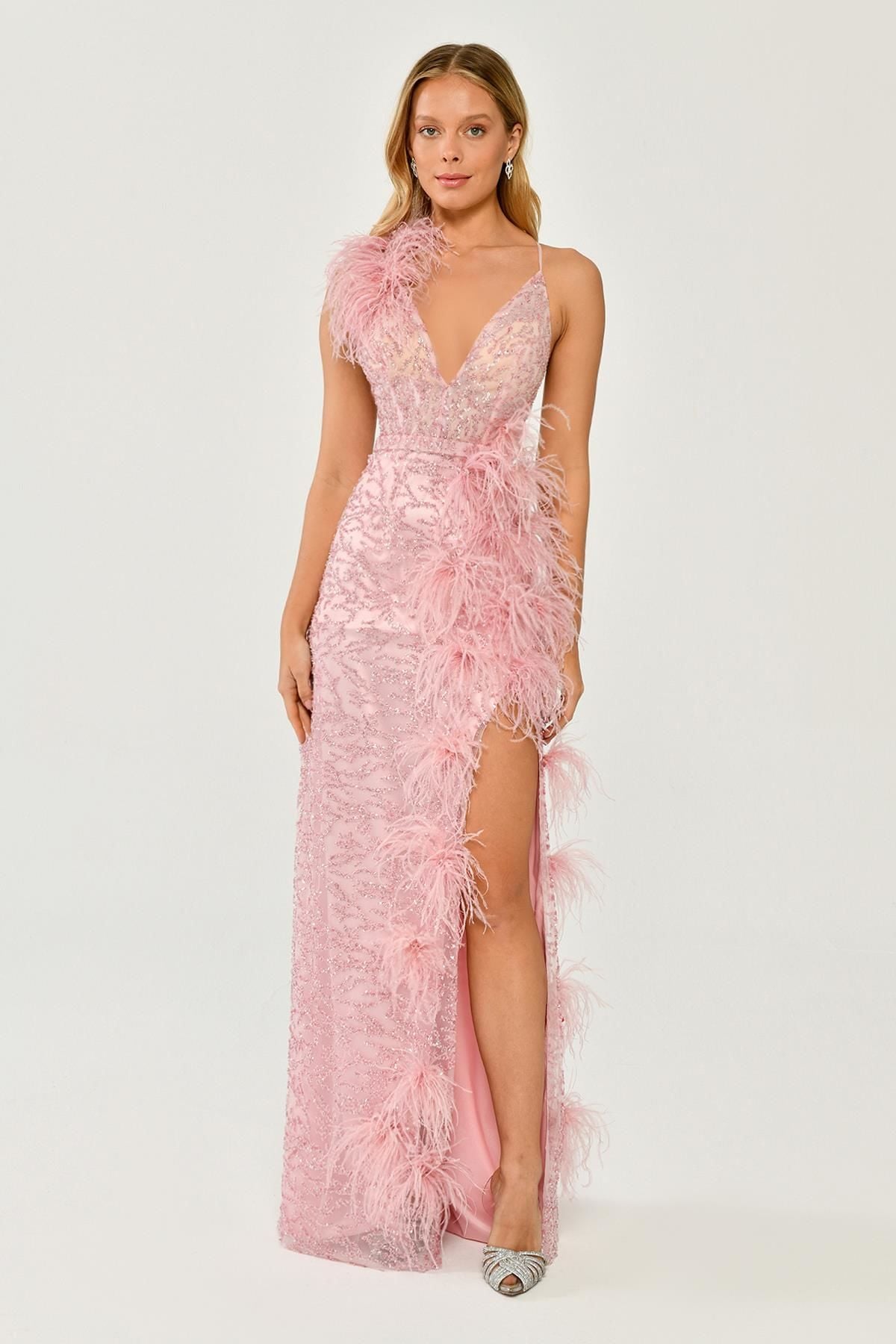 İp Askılı Sırt İp Askılı V Yaka Otriş Akesuarlı Pullu Kumaş Uzun Elbise KOYU PEMBE - 40