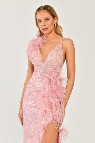 İp Askılı Sırt İp Askılı V Yaka Otriş Akesuarlı Pullu Kumaş Uzun Elbise KOYU PEMBE - 42