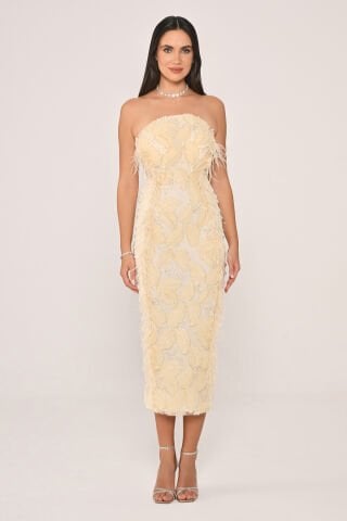 Straplez Boncuklu Otrişli Midi Elbise