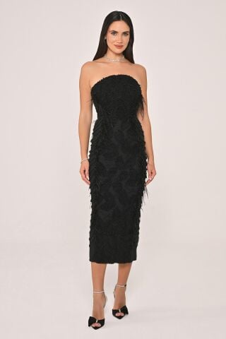 Straplez Boncuklu Otrişli Midi Elbise