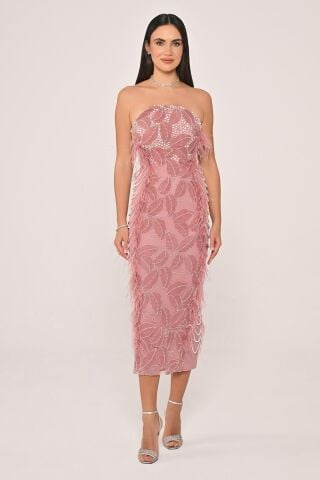 Straplez Boncuklu Otrişli Midi Elbise