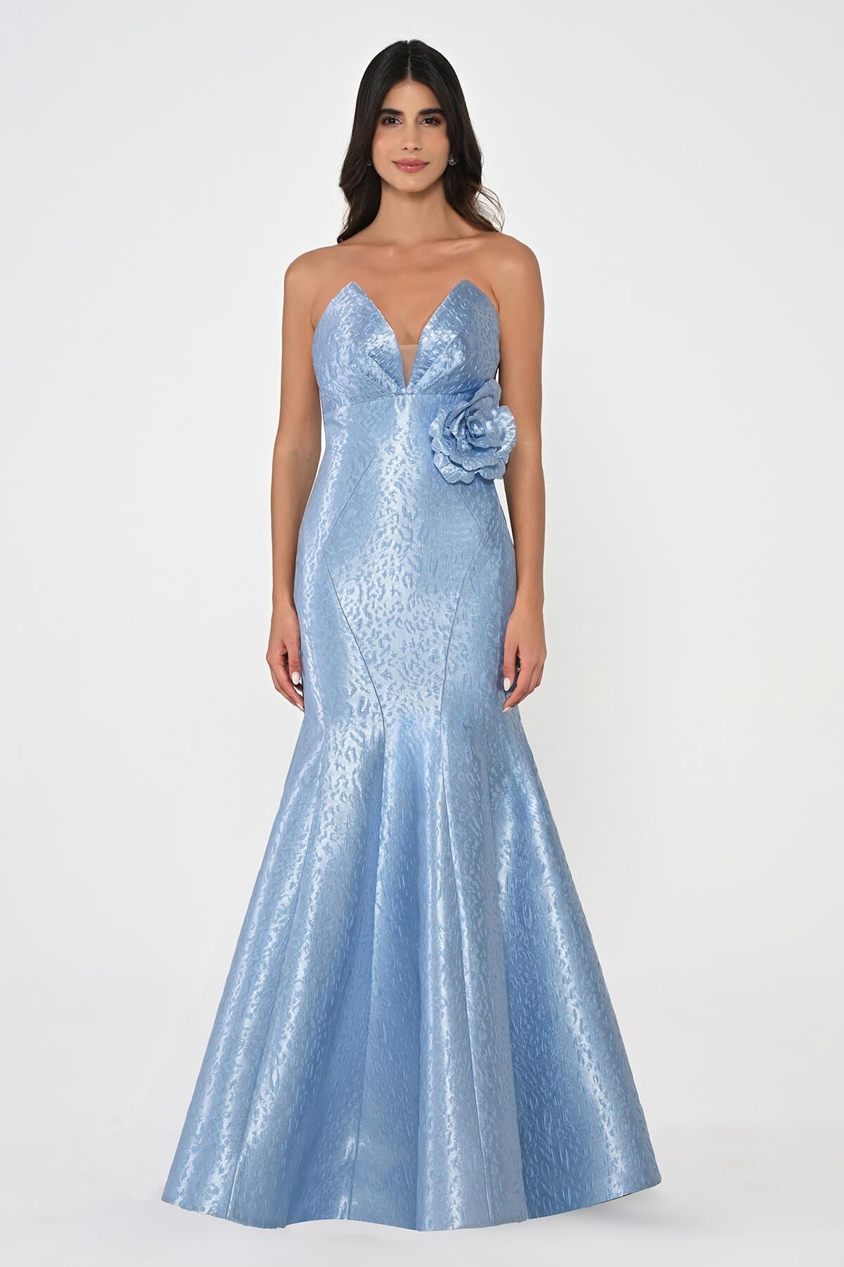 Straplez Balık Kesim Jakar Kumaş Uzun Elbise MAVİ - 36