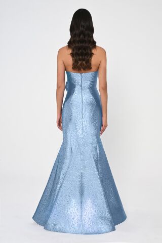 Straplez Balık Kesim Jakar Kumaş Uzun Elbise MAVİ - 36