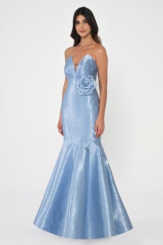 Straplez Balık Kesim Jakar Kumaş Uzun Elbise MAVİ - 36