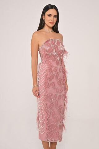 Straplez Boncuklu Otrişli Midi Elbise Pembe - 36