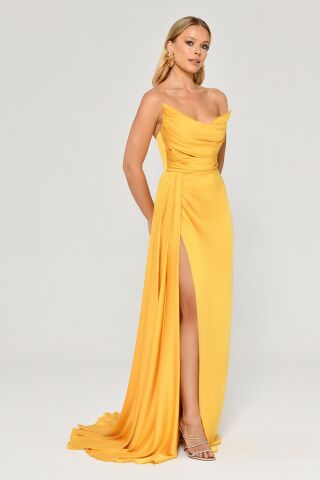 Kayık Yaka Yırtmaçlı Saten Elbise SARI - 36