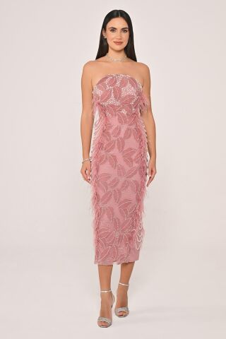 Straplez Boncuklu Otrişli Midi Elbise Pembe - 42