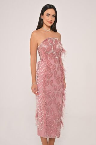Straplez Boncuklu Otrişli Midi Elbise Pembe - 42