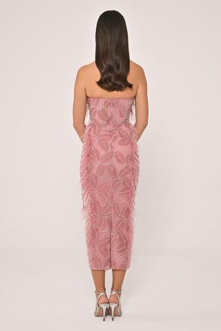Straplez Boncuklu Otrişli Midi Elbise Pembe - 42
