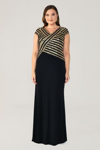 V Yaka Üst Payetli Uzun Elbise SİYAH / ALTIN - 48