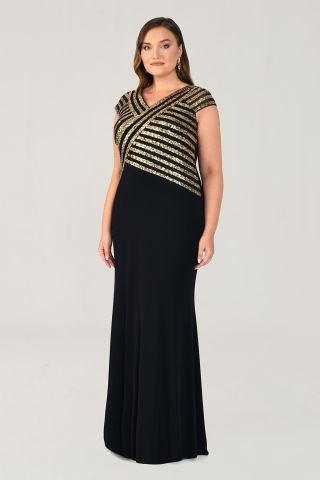 V Yaka Üst Payetli Uzun Elbise SİYAH / ALTIN - 48