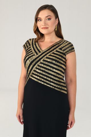 V Yaka Üst Payetli Uzun Elbise SİYAH / ALTIN - 48