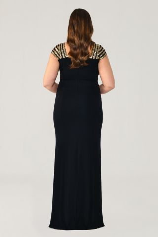 V Yaka Üst Payetli Uzun Elbise SİYAH / ALTIN - 48