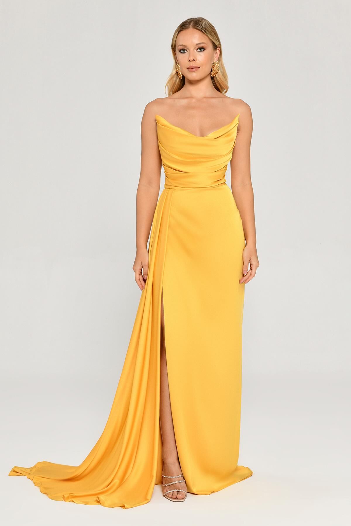 Kayık Yaka Yırtmaçlı Saten Elbise SARI - 42