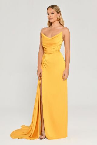 Kayık Yaka Yırtmaçlı Saten Elbise SARI - 42