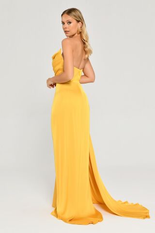 Kayık Yaka Yırtmaçlı Saten Elbise SARI - 42