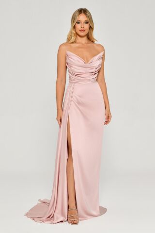 Kayık Yaka Yırtmaçlı Saten Elbise Pudra - 38