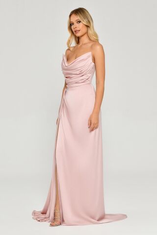 Kayık Yaka Yırtmaçlı Saten Elbise Pudra - 46